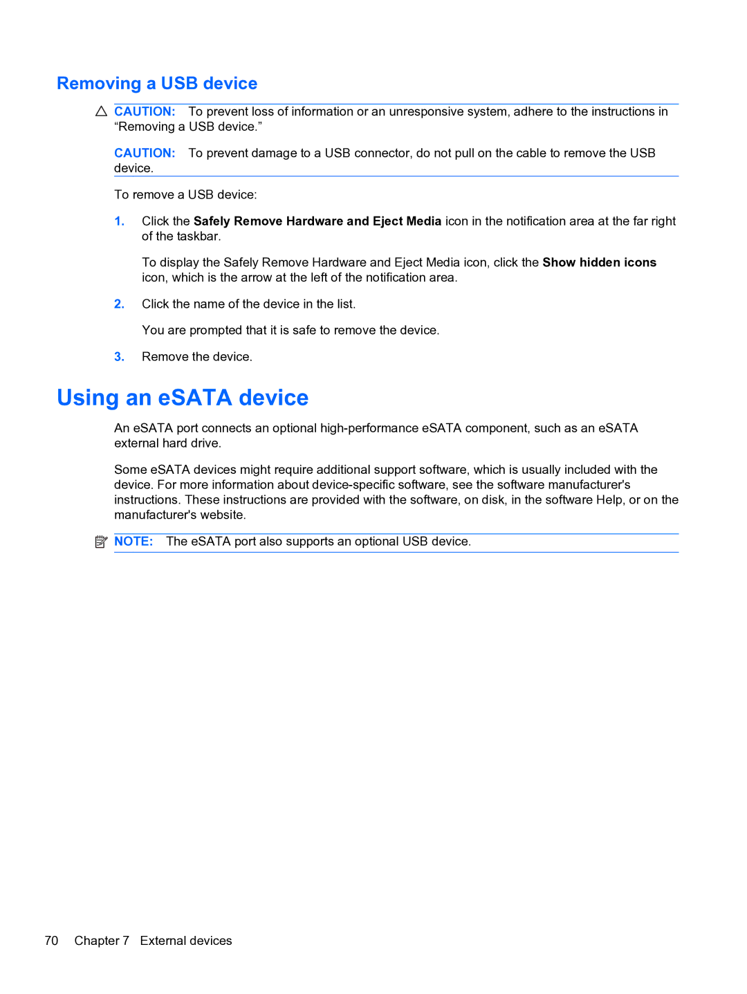 HP DV6-3225DX manual Using an eSATA device, Removing a USB device 