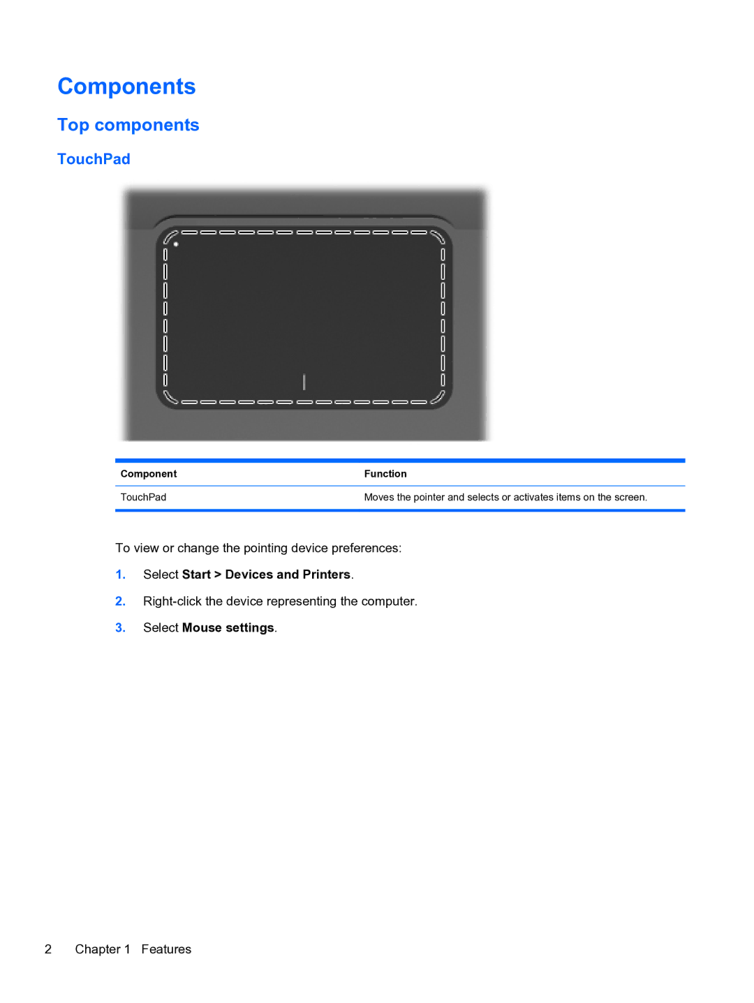 HP DV6-3225DX manual Components, Top components, TouchPad, Select Start Devices and Printers, Select Mouse settings 