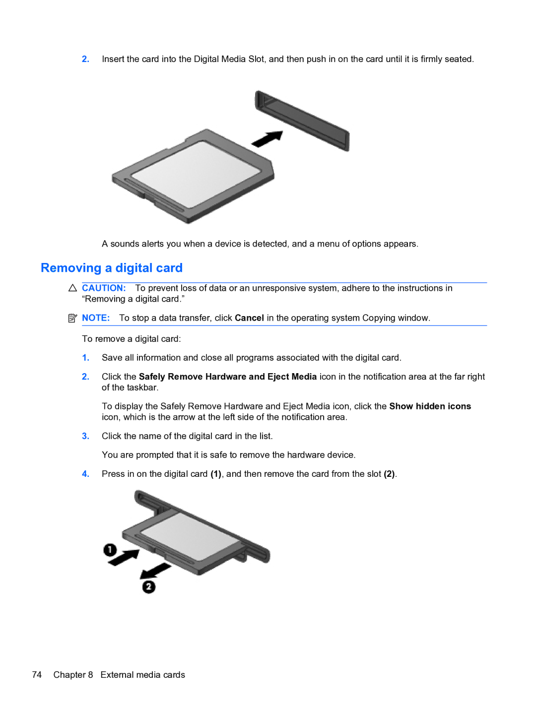 HP DV6-3225DX manual Removing a digital card 