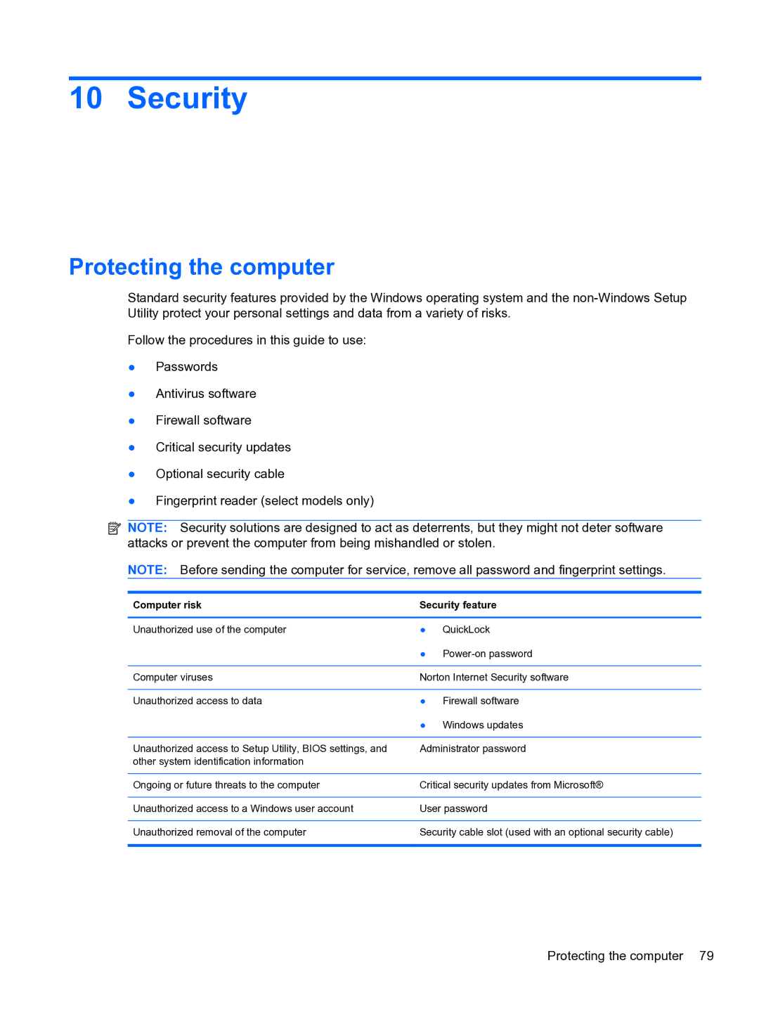 HP DV6-3225DX manual Security, Protecting the computer 