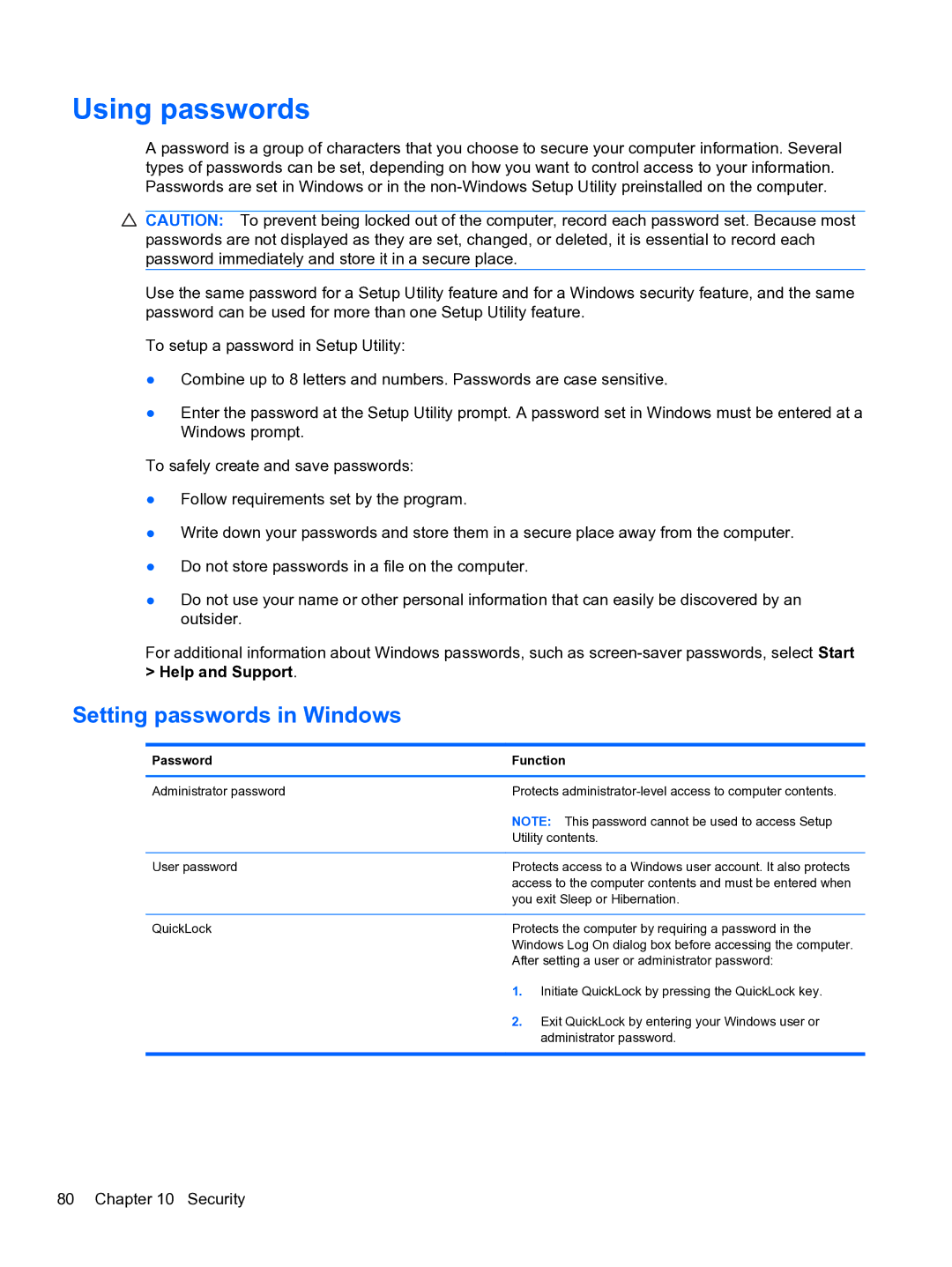 HP DV6-3225DX manual Using passwords, Setting passwords in Windows 