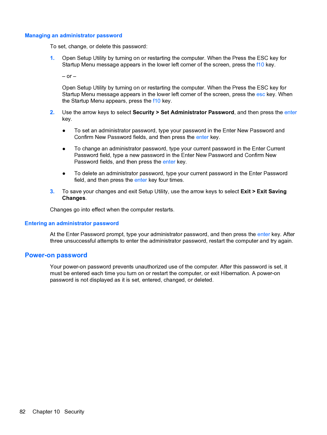 HP DV6-3225DX manual Power-on password, Managing an administrator password 