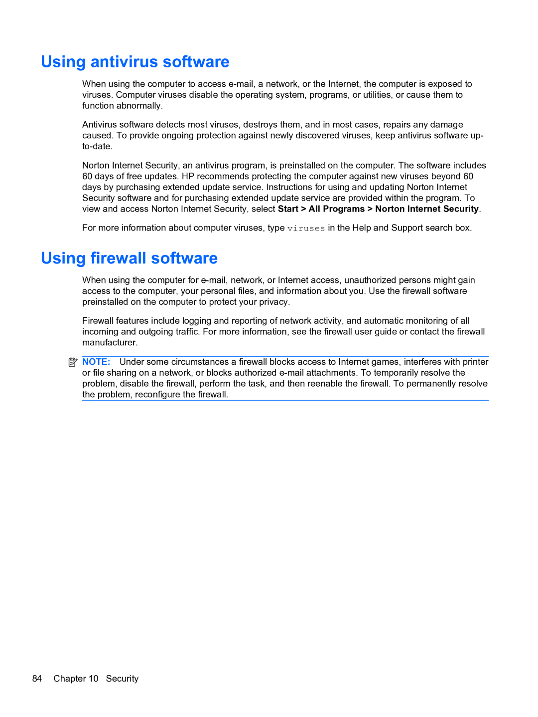 HP DV6-3225DX manual Using antivirus software, Using firewall software 