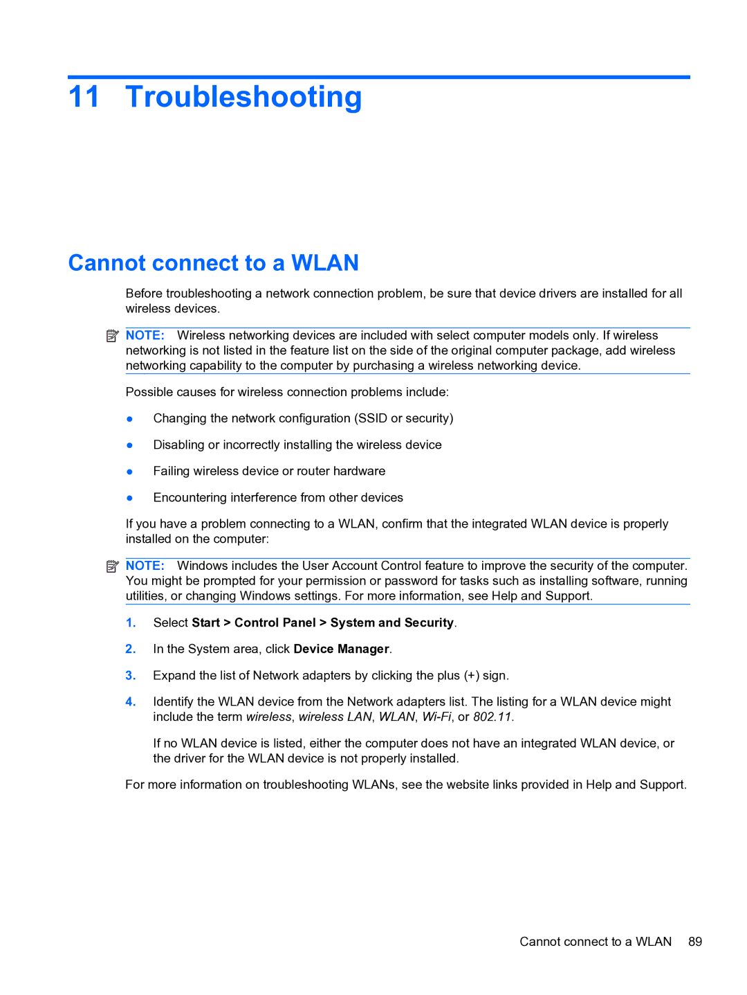 HP DV6-3225DX manual Troubleshooting, Cannot connect to a Wlan 