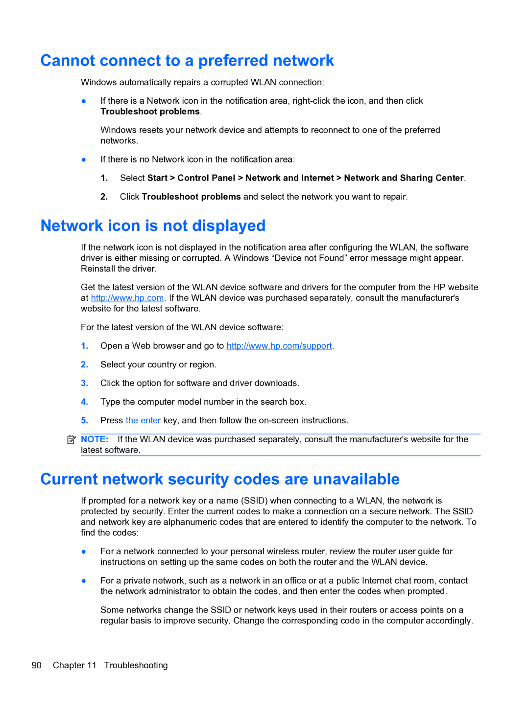 HP DV6-3225DX manual Cannot connect to a preferred network, Network icon is not displayed 