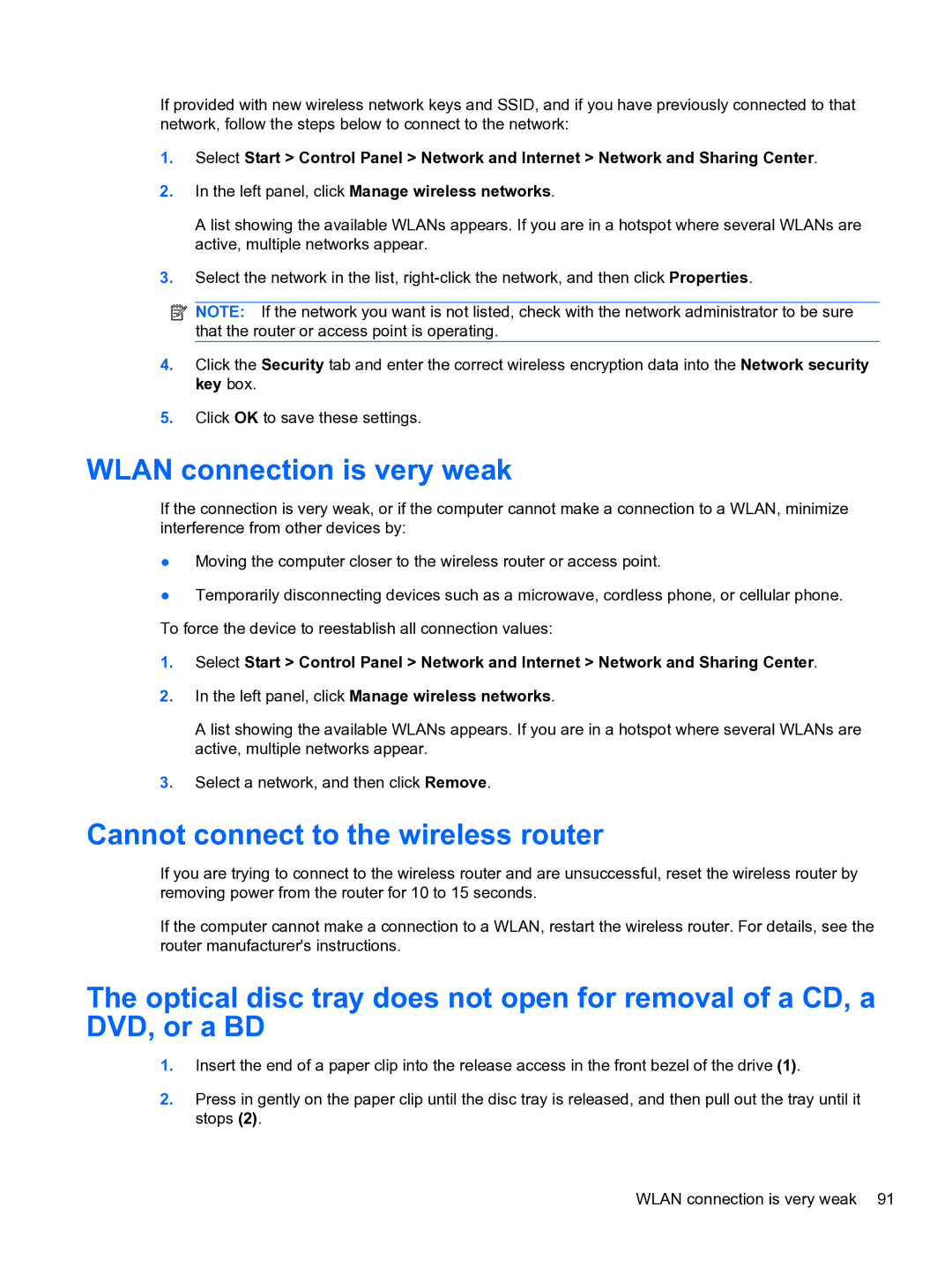 HP DV6-3225DX manual Wlan connection is very weak, Cannot connect to the wireless router 