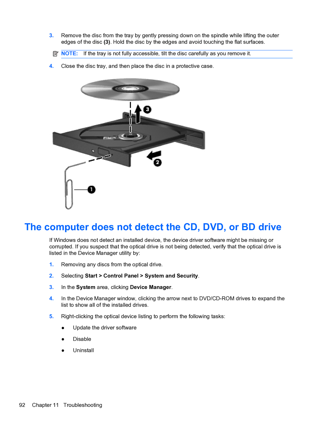 HP DV6-3225DX manual Computer does not detect the CD, DVD, or BD drive, Selecting Start Control Panel System and Security 