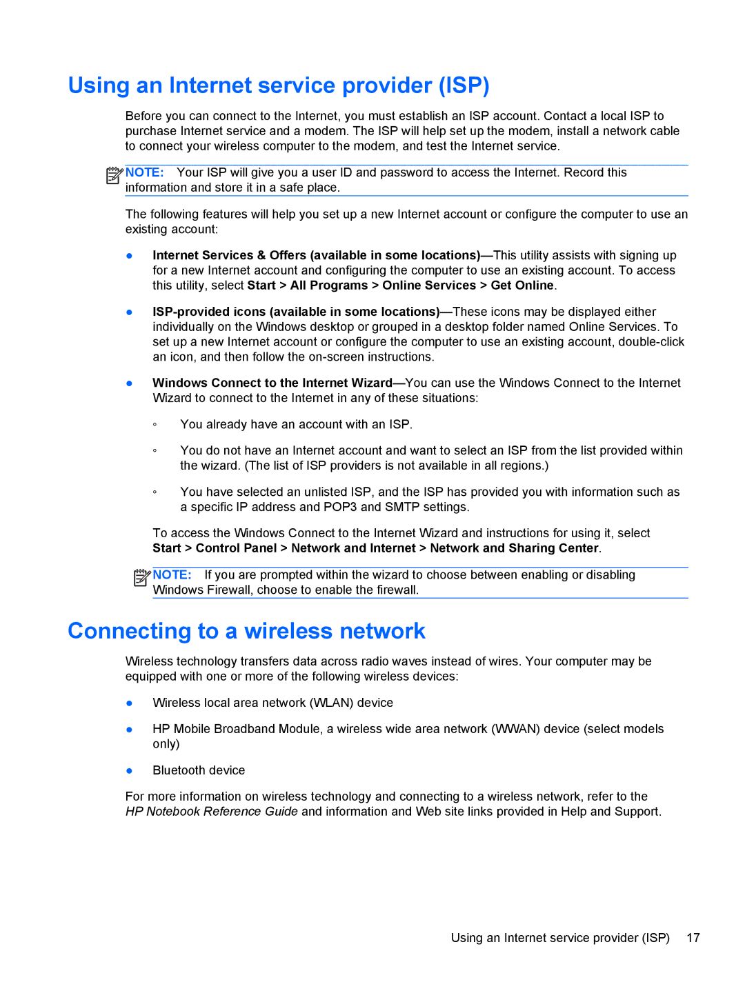 HP Dv6 6108Us manual Using an Internet service provider ISP, Connecting to a wireless network 