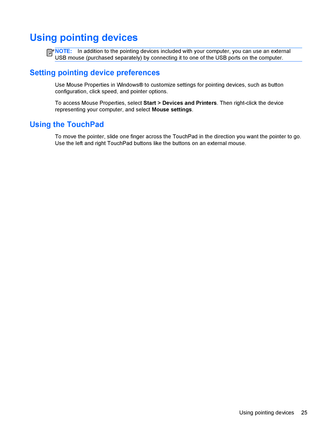 HP Dv6 6108Us manual Using pointing devices, Setting pointing device preferences, Using the TouchPad 