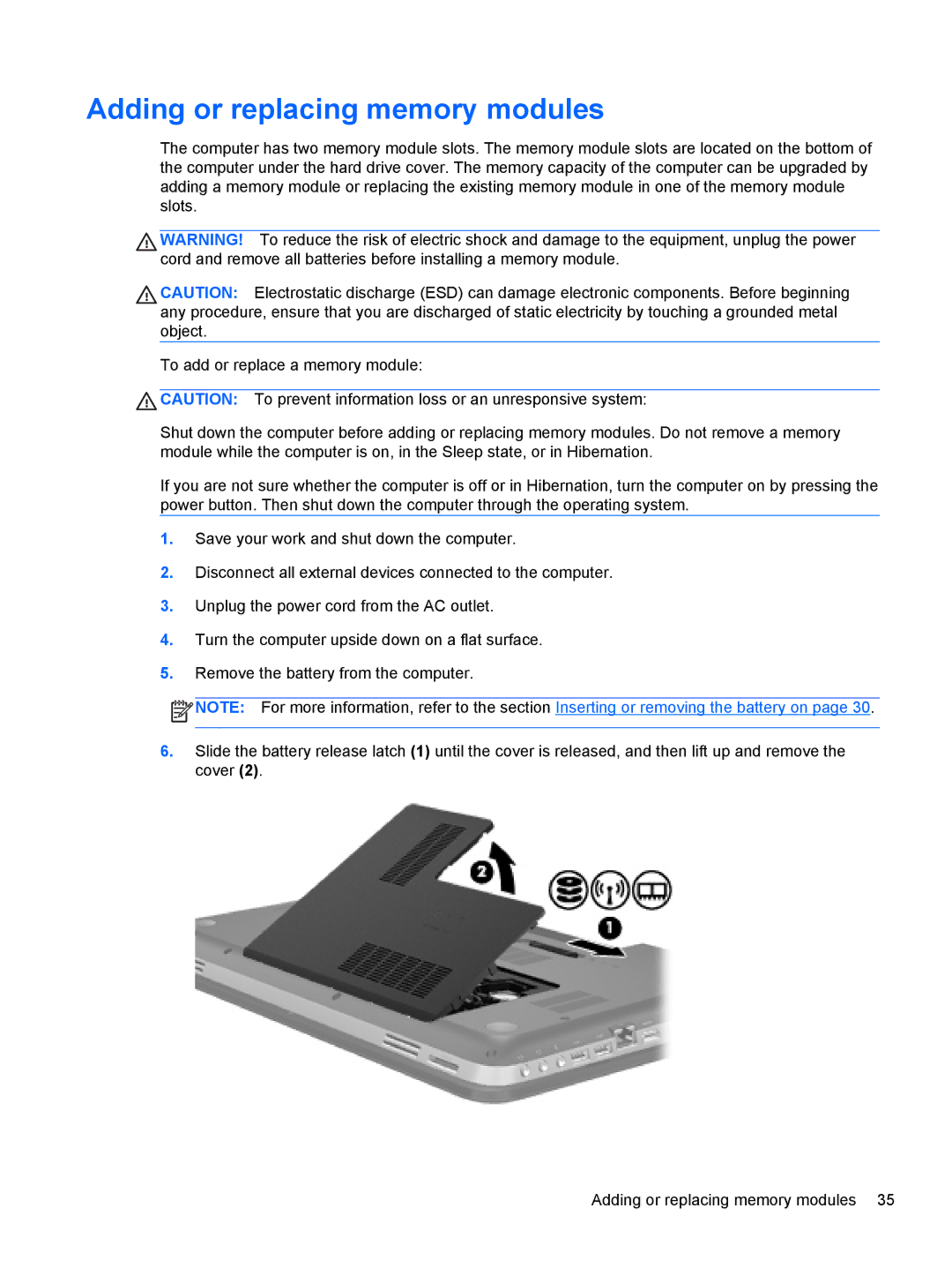 HP Dv6 6108Us manual Adding or replacing memory modules 