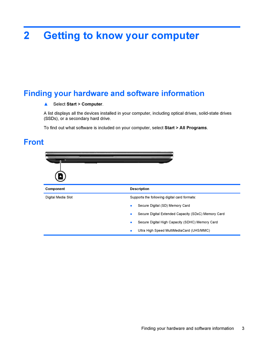 HP Dv6-7020us Getting to know your computer, Finding your hardware and software information, Front, Component Description 