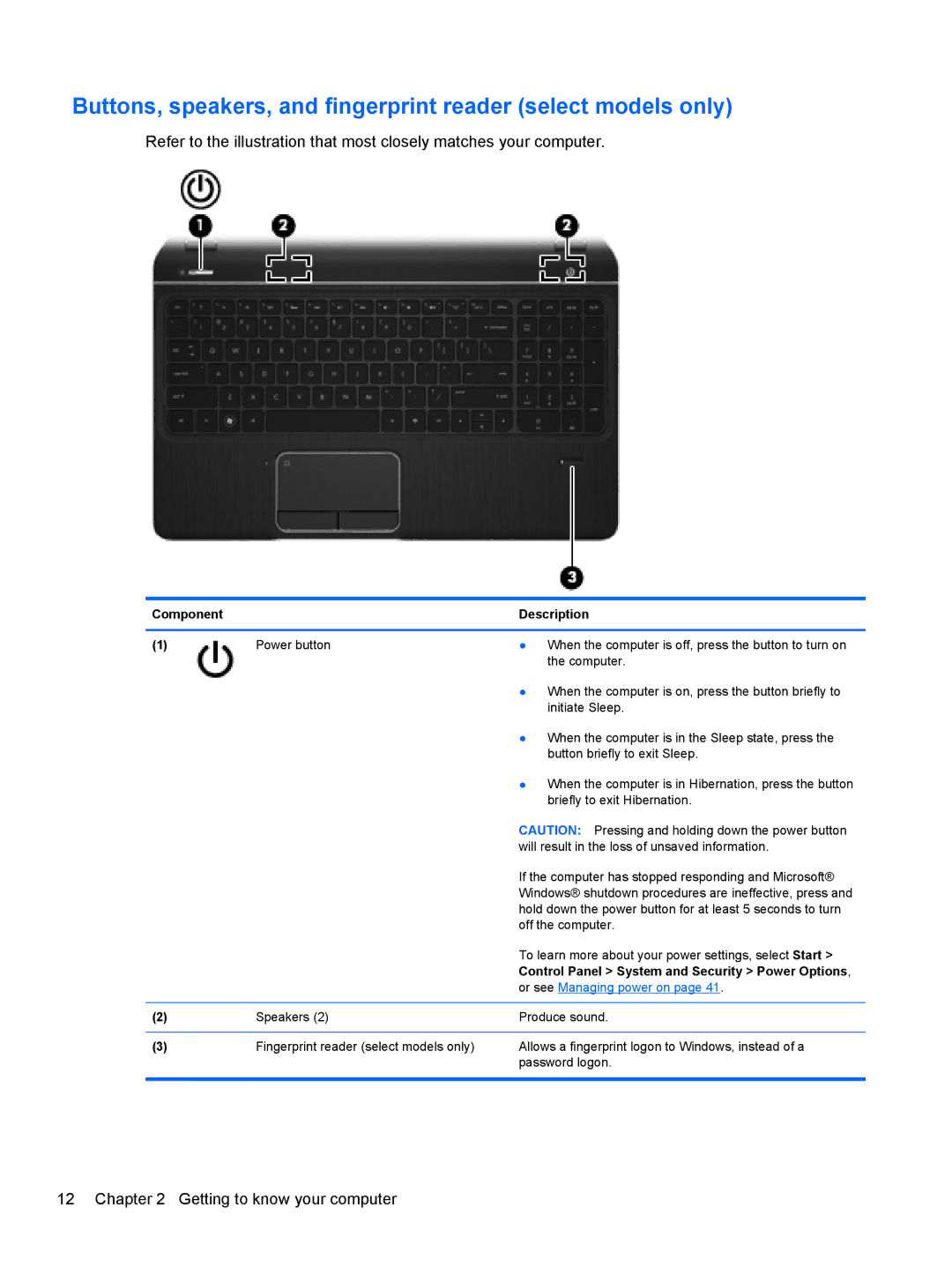 HP Dv6-7020us manual Buttons, speakers, and fingerprint reader select models only 