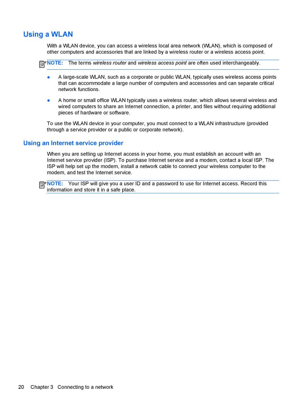 HP Dv6-7020us manual Using a Wlan, Using an Internet service provider 