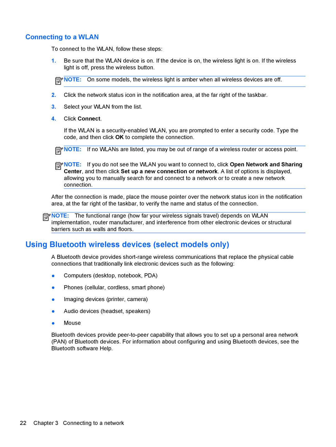 HP Dv6-7020us manual Using Bluetooth wireless devices select models only, Connecting to a Wlan 