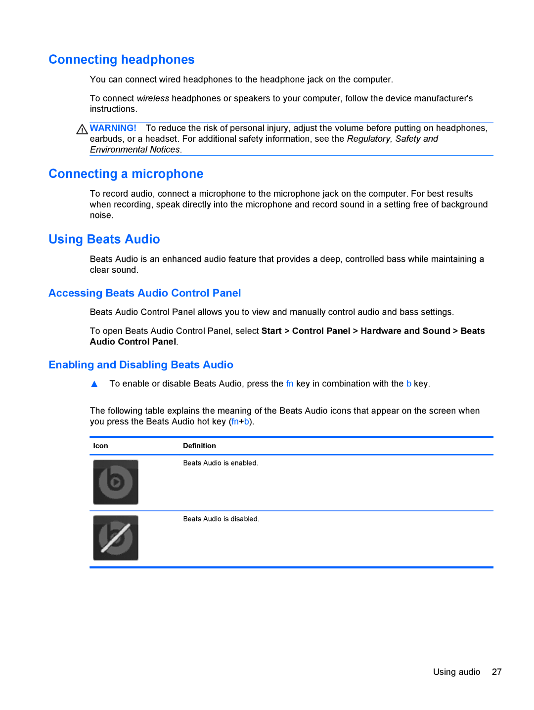 HP Dv6-7020us manual Connecting headphones, Connecting a microphone, Using Beats Audio, Accessing Beats Audio Control Panel 