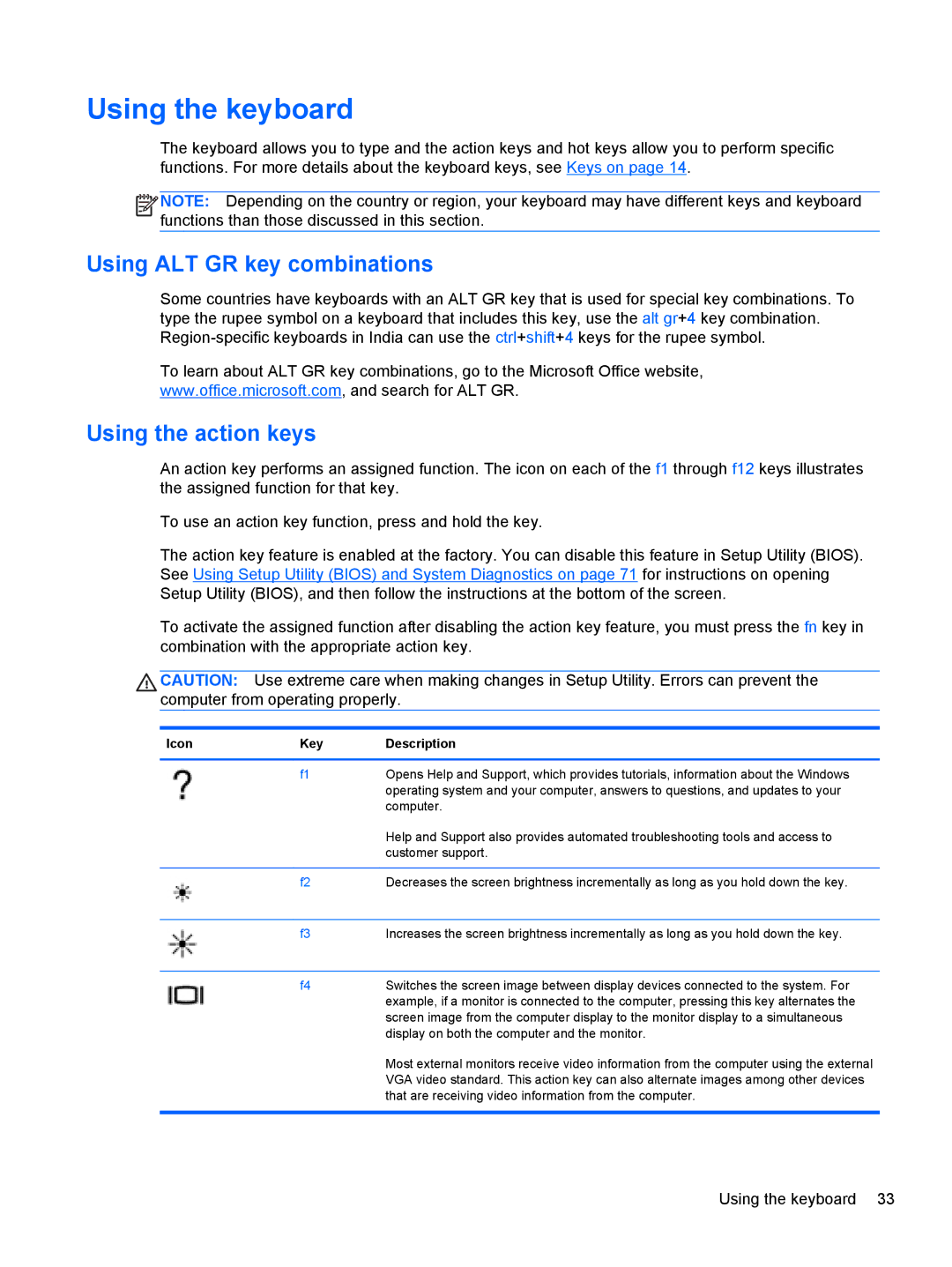 HP Dv6-7020us manual Using the keyboard, Using ALT GR key combinations, Using the action keys, Icon Key Description 