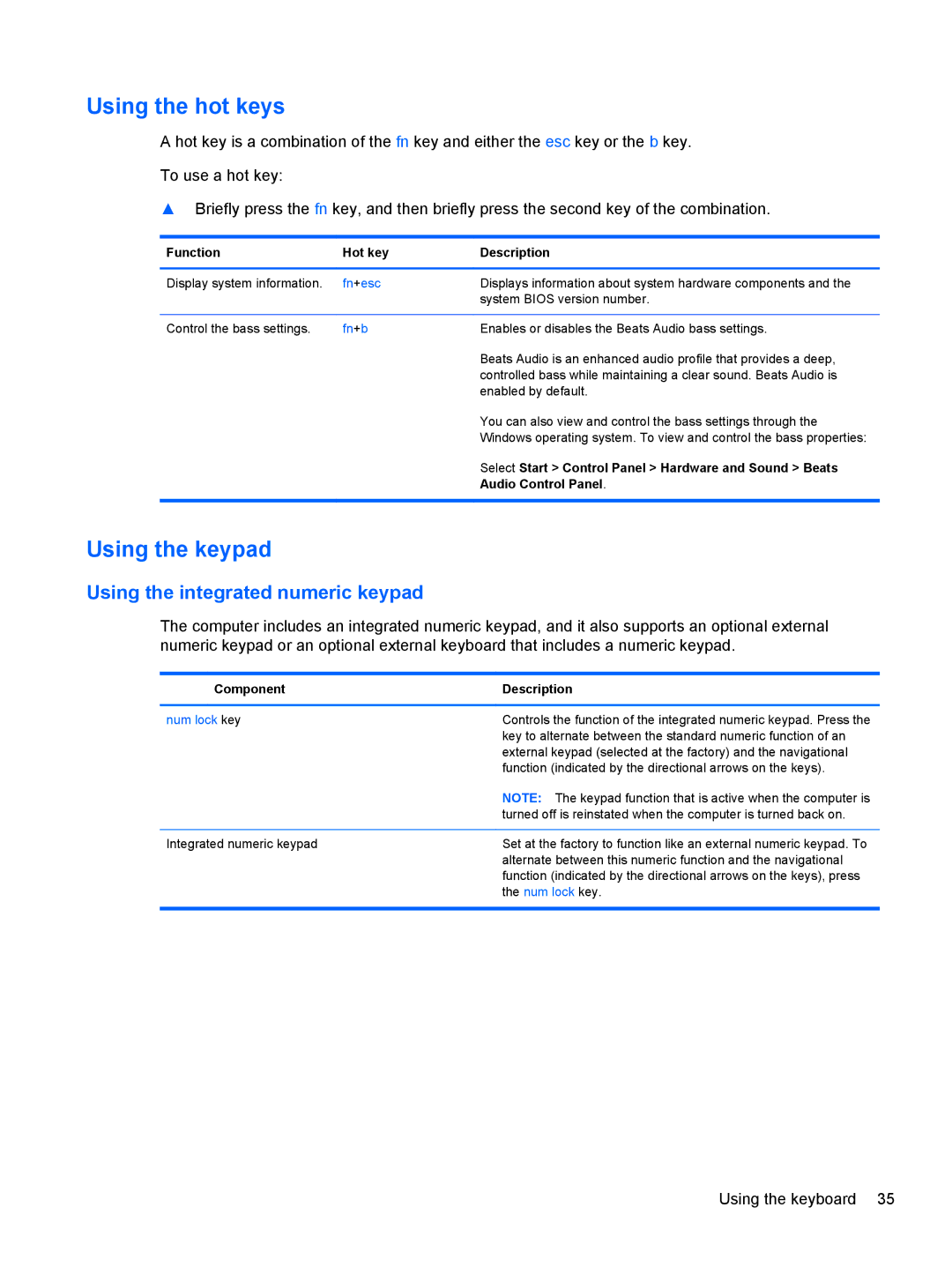 HP Dv6-7020us manual Using the hot keys, Using the keypad, Using the integrated numeric keypad 