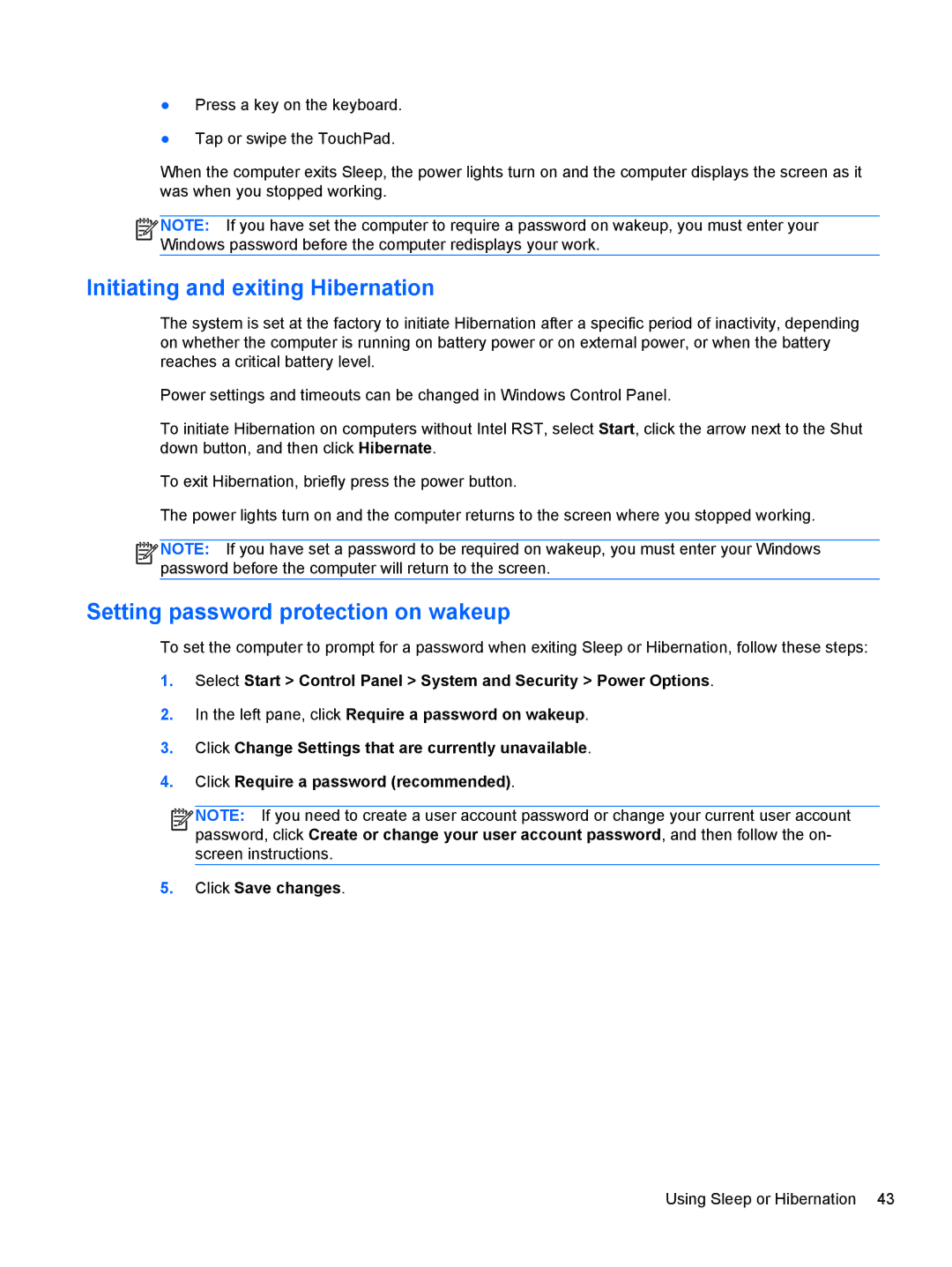 HP Dv6-7020us manual Initiating and exiting Hibernation, Setting password protection on wakeup 