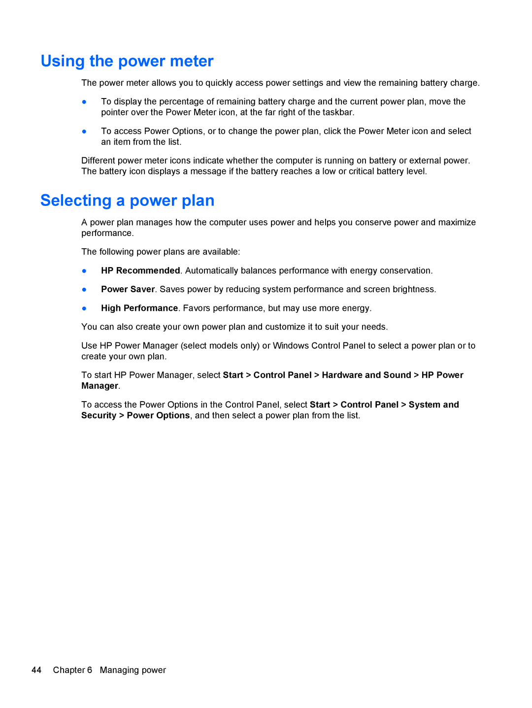 HP Dv6-7020us manual Using the power meter, Selecting a power plan 