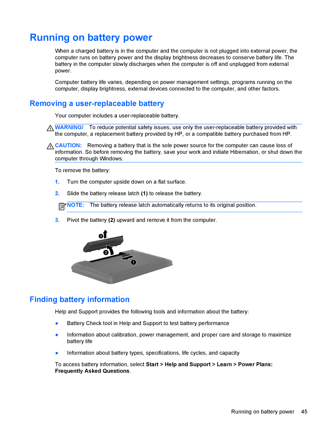 HP Dv6-7020us manual Running on battery power, Removing a user-replaceable battery, Finding battery information 