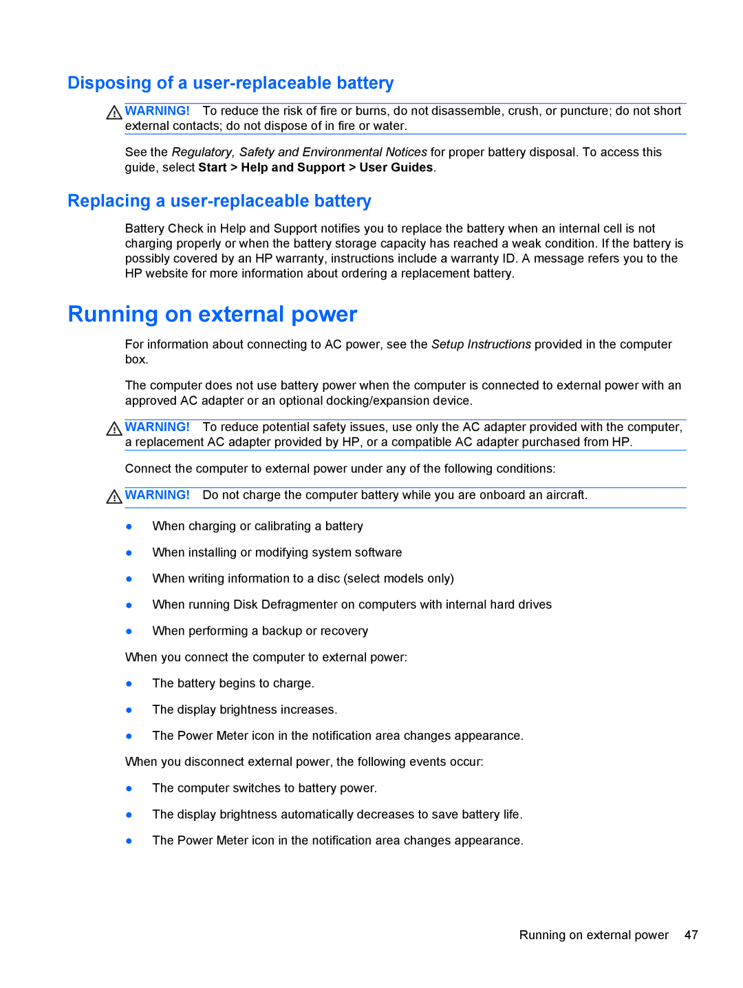 HP Dv6-7020us Running on external power, Disposing of a user-replaceable battery, Replacing a user-replaceable battery 
