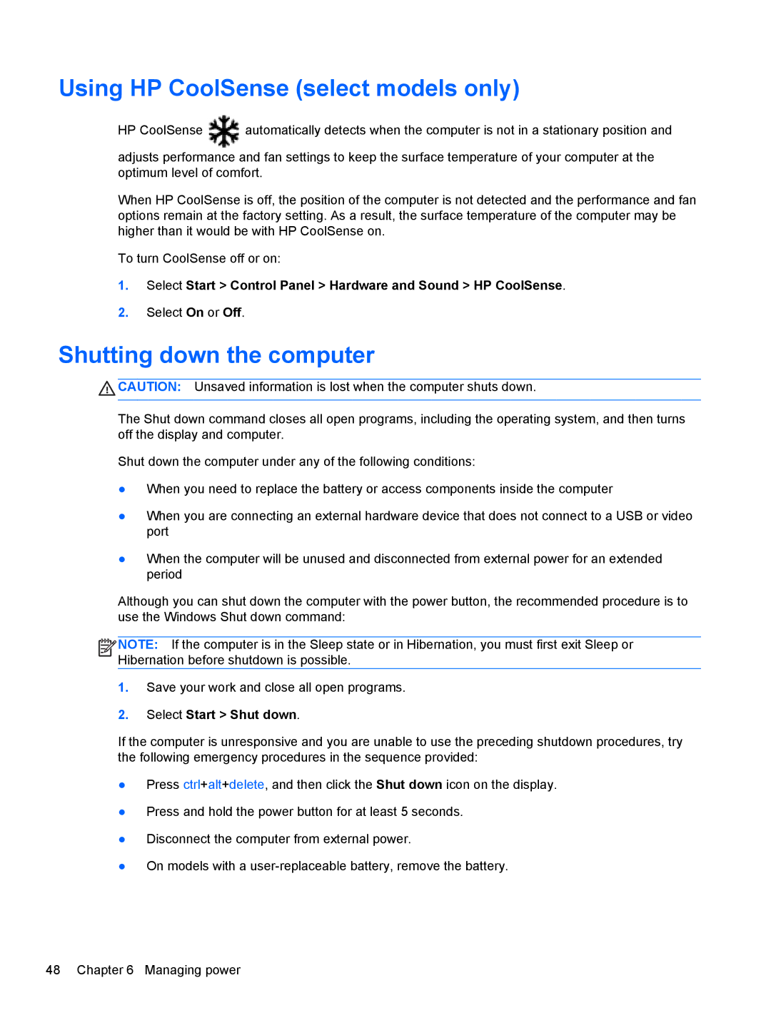 HP Dv6-7020us manual Using HP CoolSense select models only, Shutting down the computer 