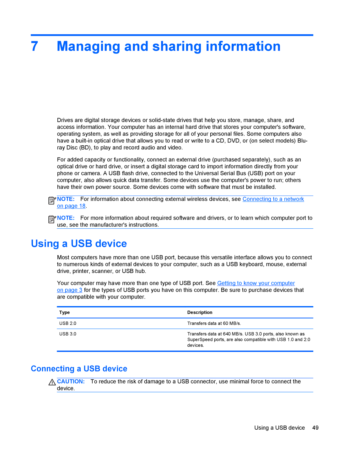 HP Dv6-7020us manual Managing and sharing information, Using a USB device, Connecting a USB device, Type Description 