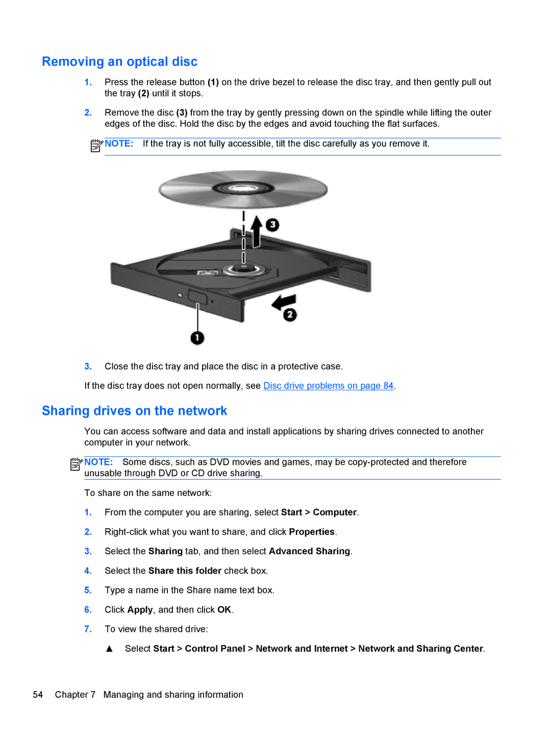 HP Dv6-7020us manual Removing an optical disc, Sharing drives on the network 