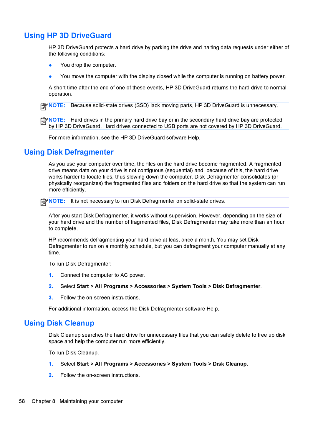 HP Dv6-7020us manual Using HP 3D DriveGuard, Using Disk Defragmenter, Using Disk Cleanup 