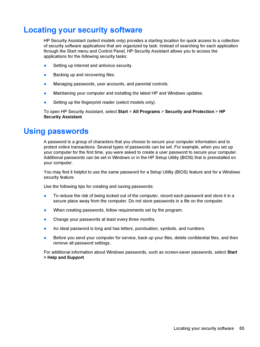 HP Dv6-7020us manual Locating your security software, Using passwords 