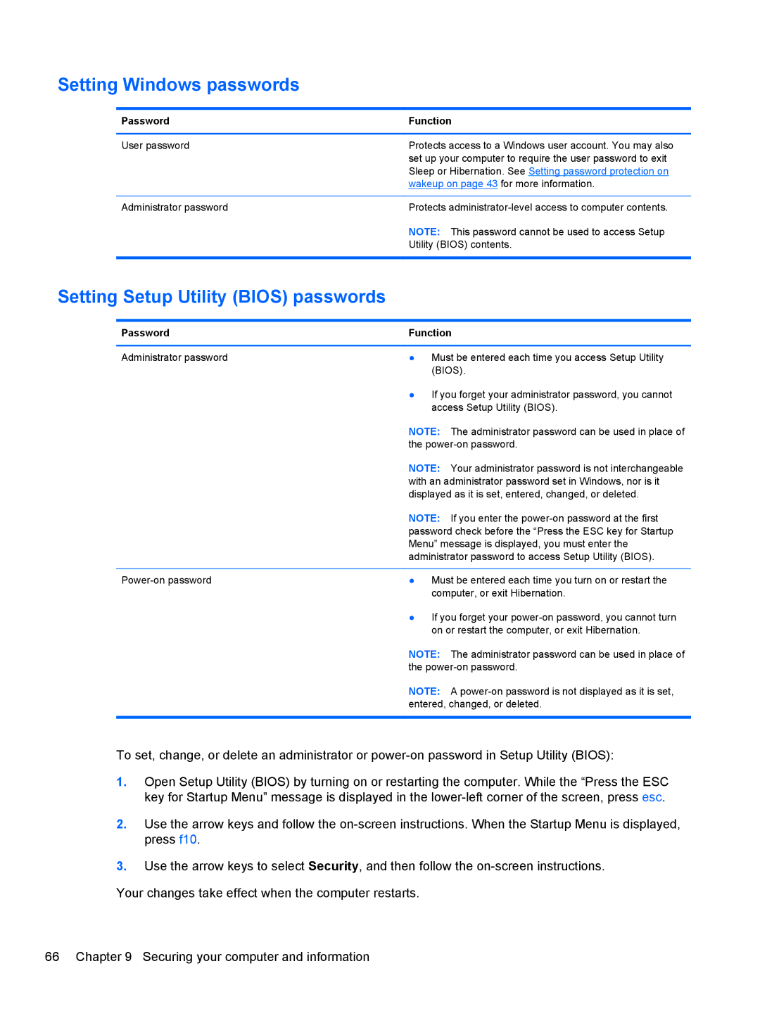 HP Dv6-7020us manual Setting Windows passwords, Setting Setup Utility Bios passwords, Password Function 