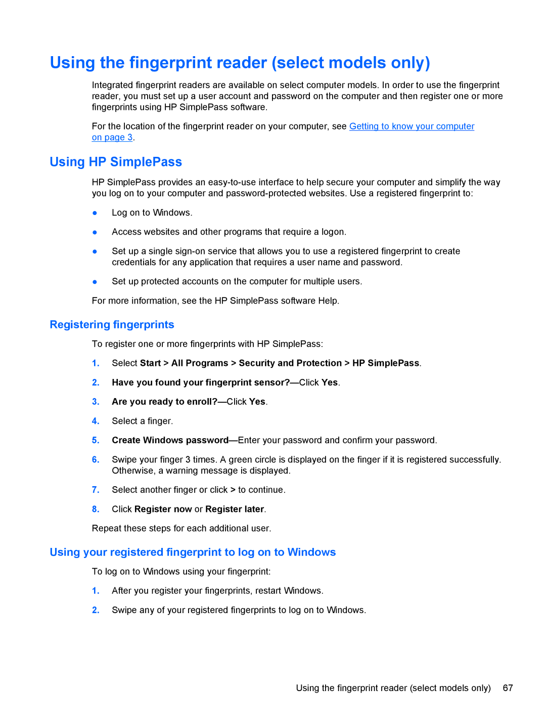 HP Dv6-7020us manual Using the fingerprint reader select models only, Using HP SimplePass, Registering fingerprints 