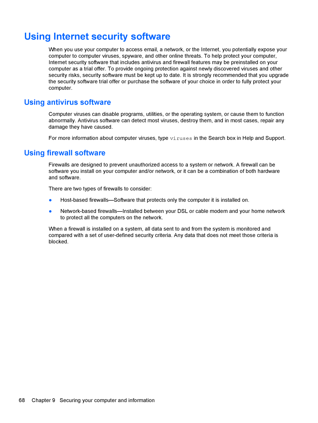 HP Dv6-7020us manual Using Internet security software, Using antivirus software, Using firewall software 