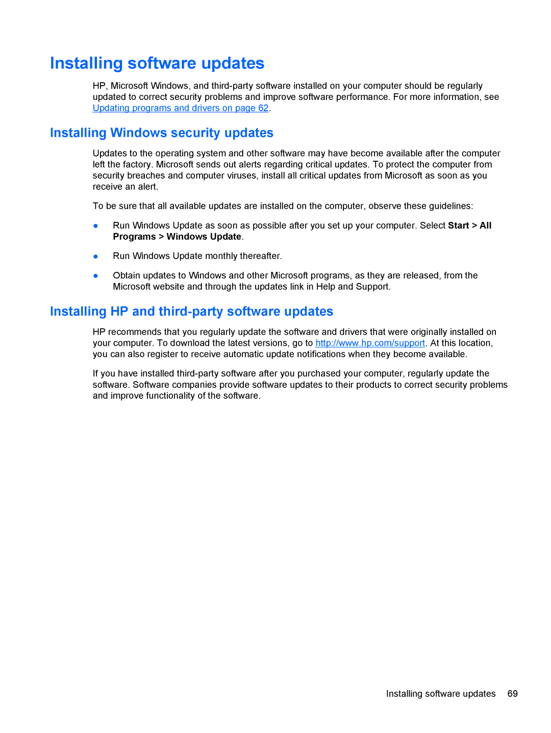 HP Dv6-7020us manual Installing software updates, Installing Windows security updates 