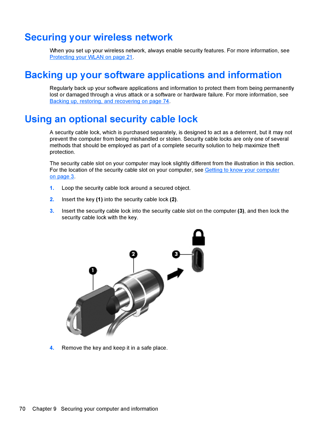 HP Dv6-7020us manual Securing your wireless network, Backing up your software applications and information 