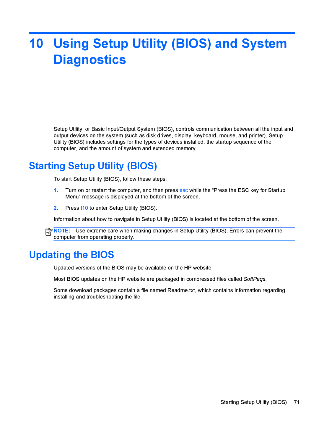 HP Dv6-7020us manual Using Setup Utility Bios and System Diagnostics, Starting Setup Utility Bios, Updating the Bios 