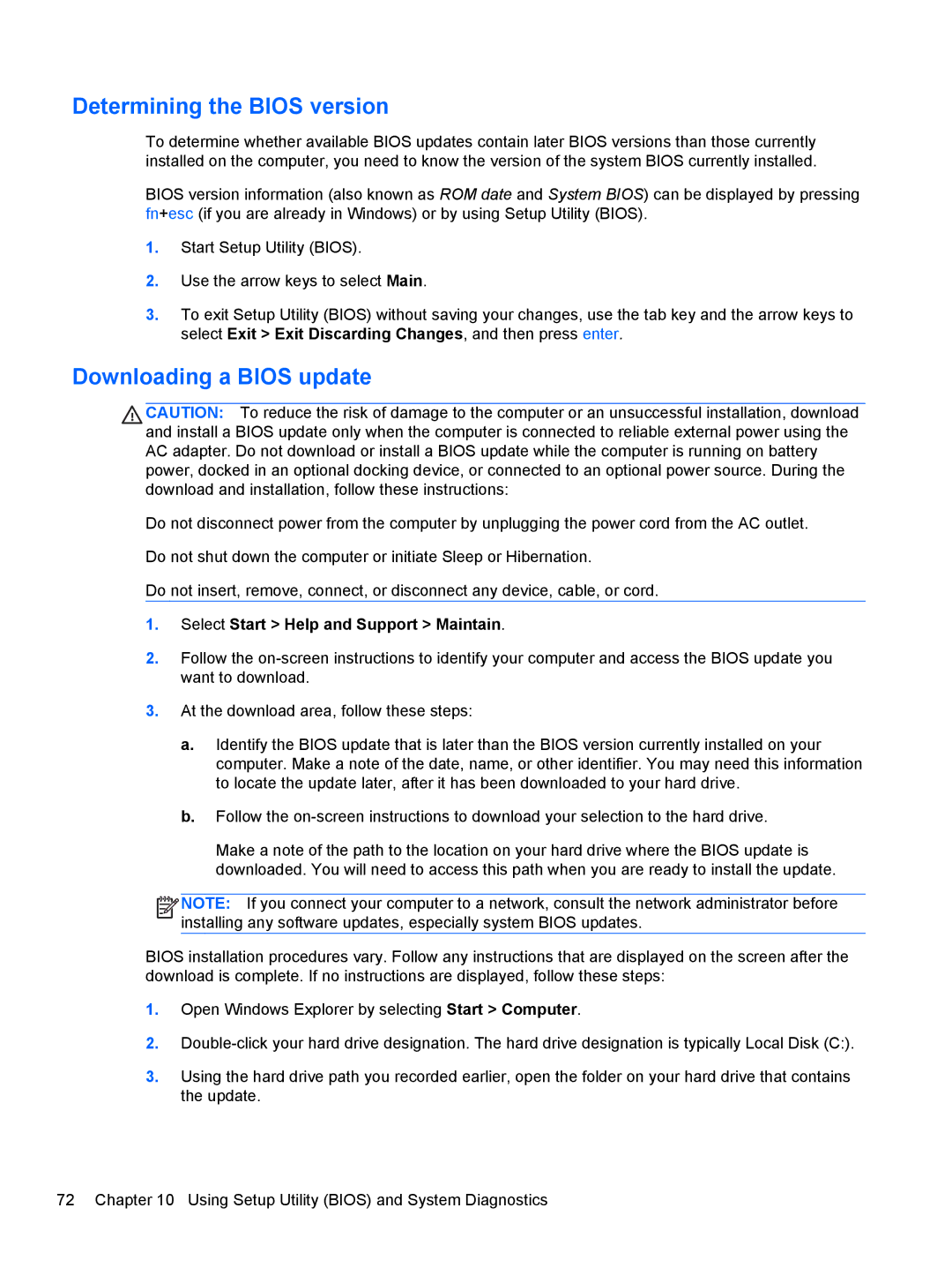 HP Dv6-7020us manual Determining the Bios version, Downloading a Bios update 