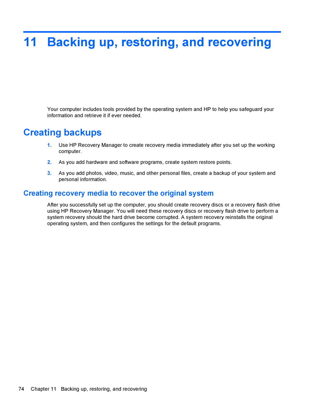 HP Dv6-7020us manual Backing up, restoring, and recovering, Creating backups 