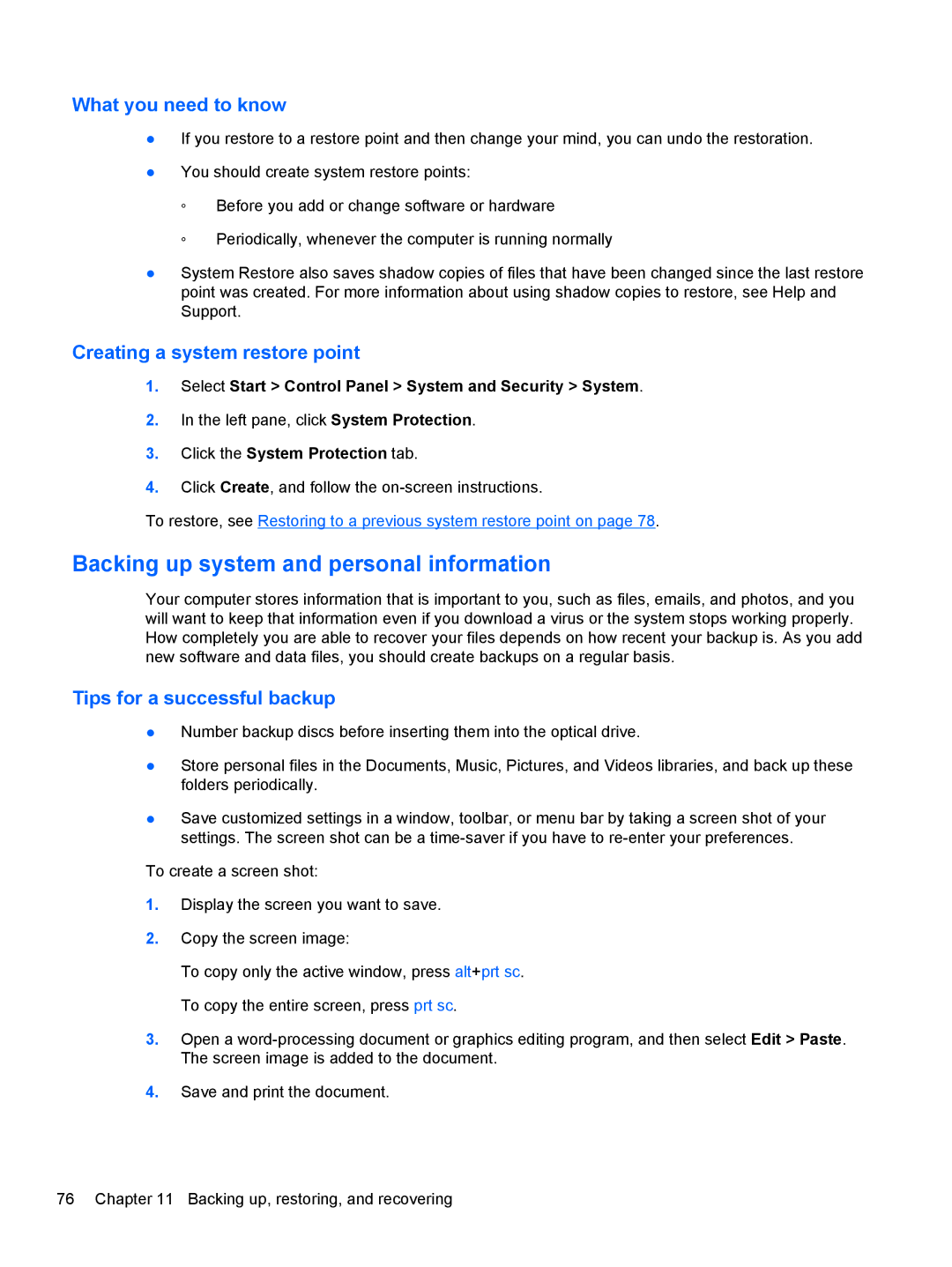 HP Dv6-7020us Backing up system and personal information, Creating a system restore point, Tips for a successful backup 
