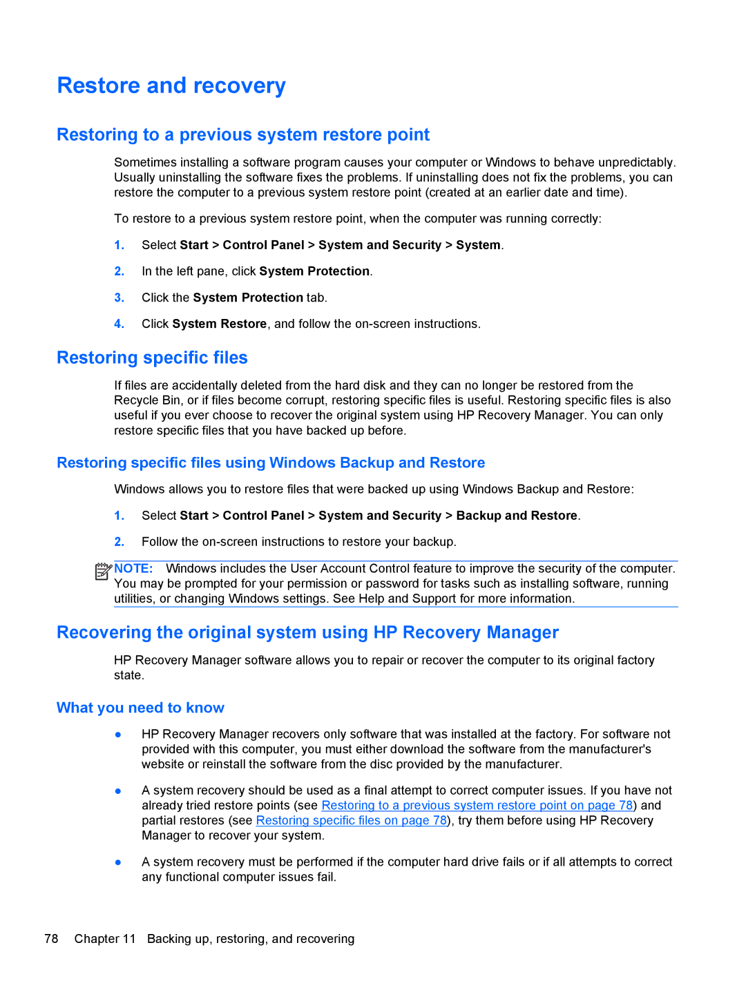HP Dv6-7020us manual Restore and recovery, Restoring to a previous system restore point, Restoring specific files 
