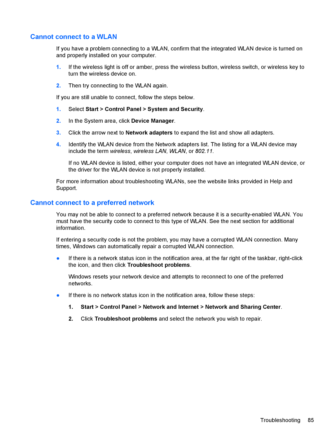 HP Dv6-7020us manual Cannot connect to a Wlan, Cannot connect to a preferred network 