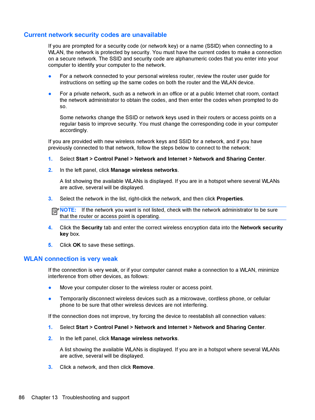 HP Dv6-7020us manual Current network security codes are unavailable, Wlan connection is very weak 