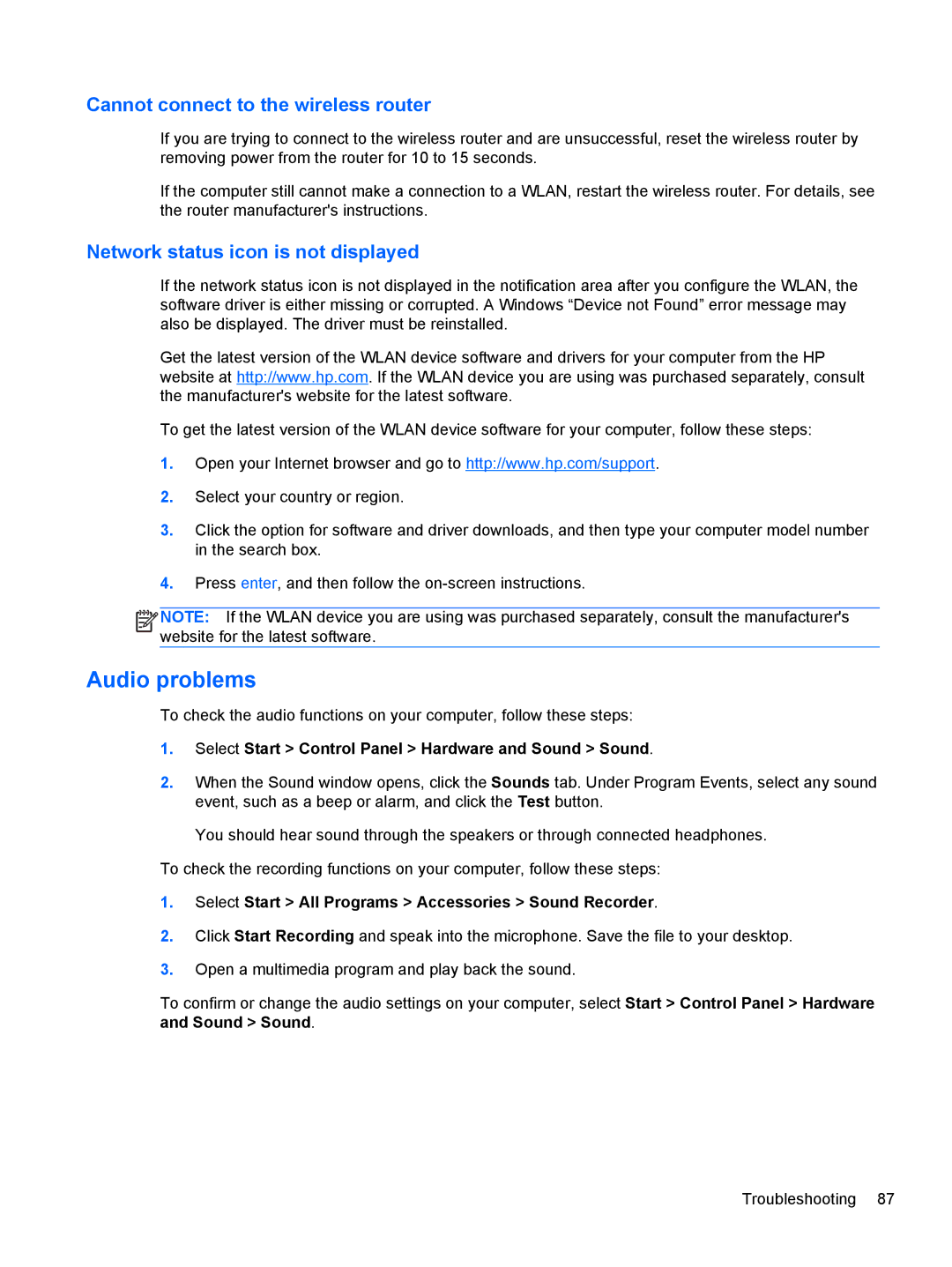 HP Dv6-7020us manual Audio problems, Cannot connect to the wireless router, Network status icon is not displayed 