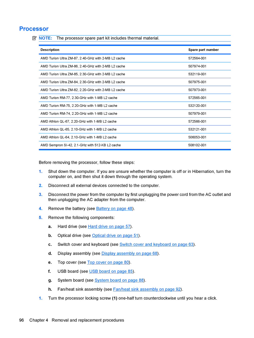 HP DV6 manual Processor, Description Spare part number 