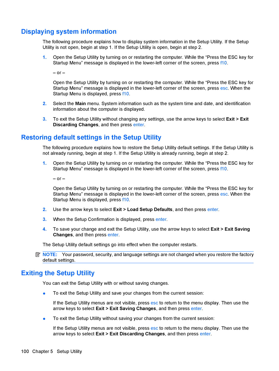 HP DV6 manual Displaying system information, Restoring default settings in the Setup Utility, Exiting the Setup Utility 