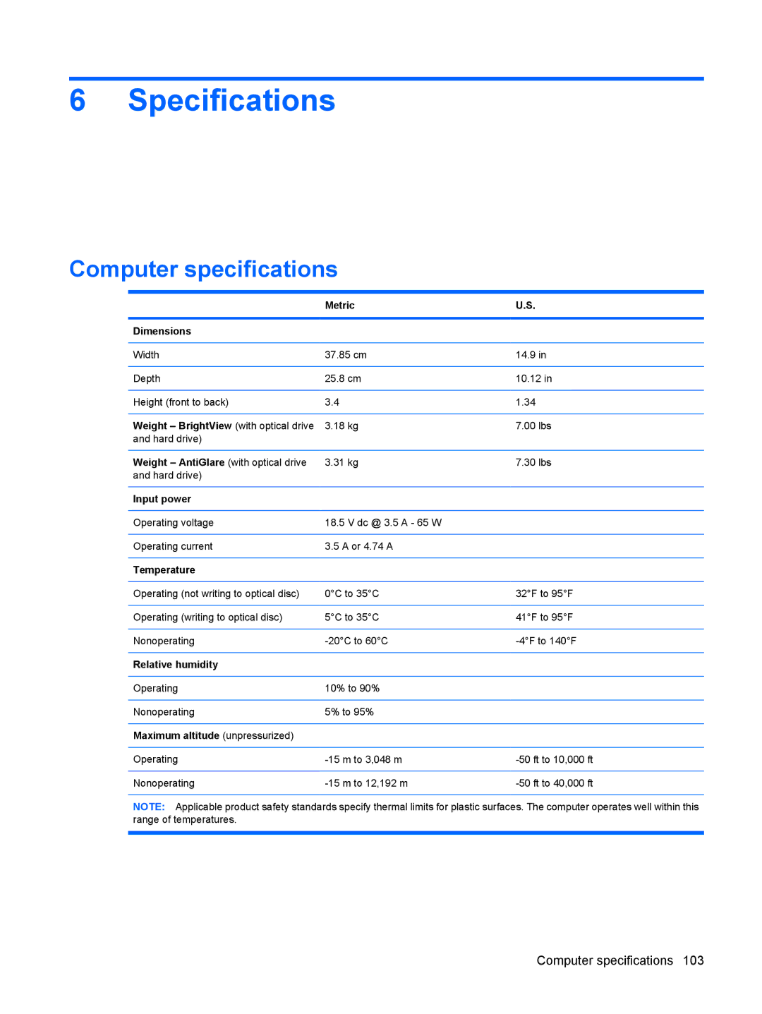 HP DV6 manual Specifications, Computer specifications 