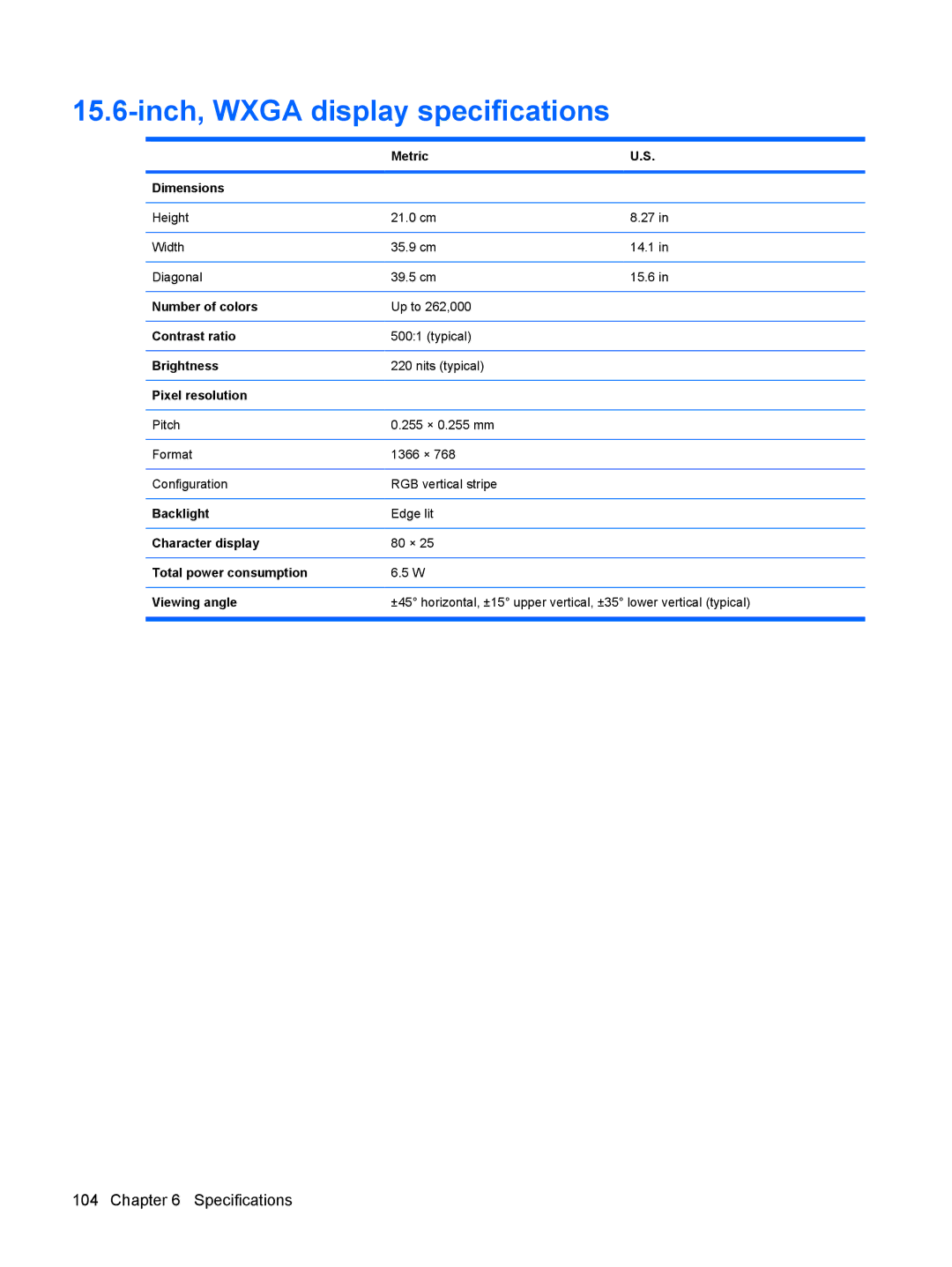 HP DV6 manual Inch, Wxga display specifications 