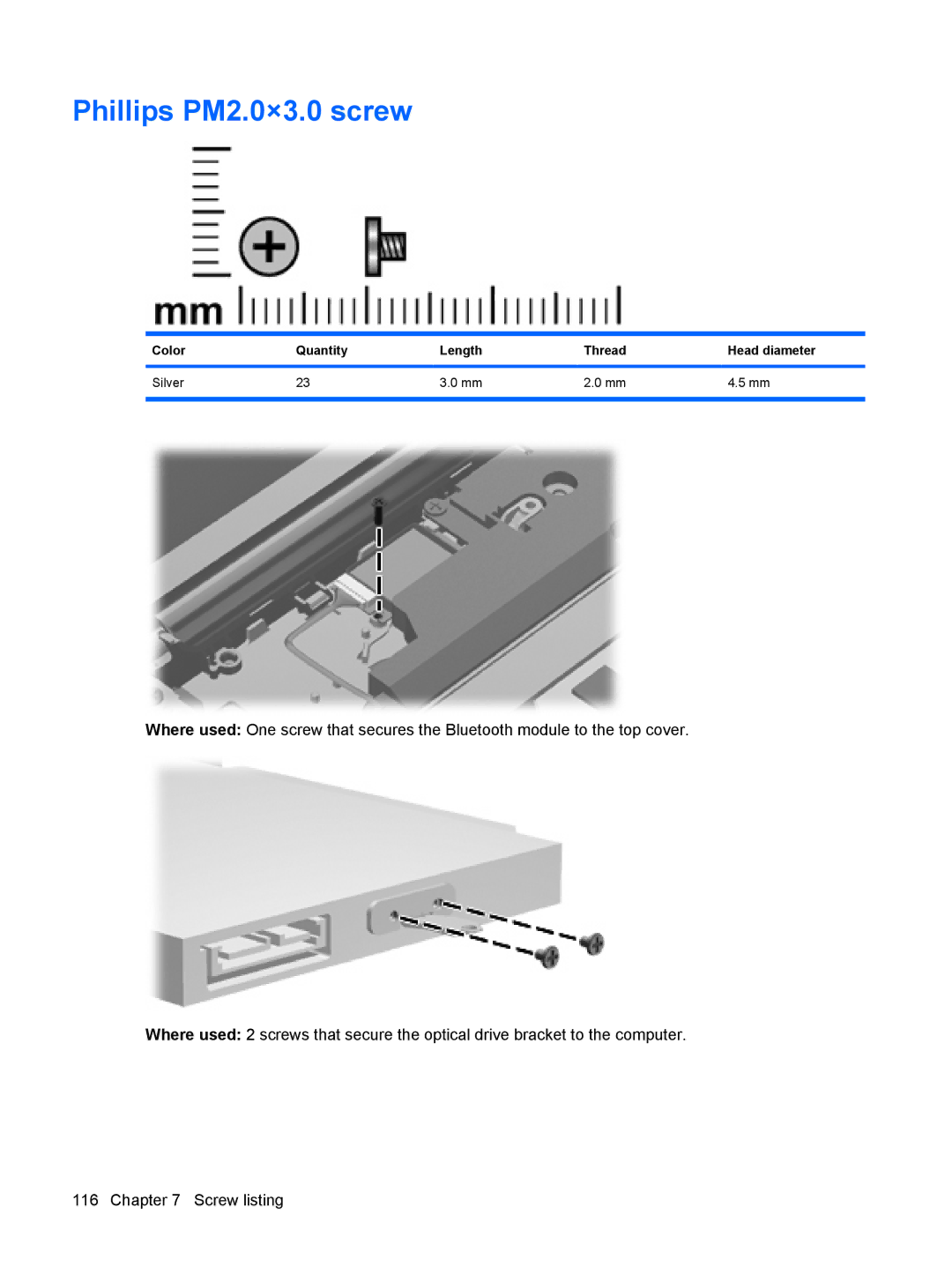 HP DV6 manual Phillips PM2.0×3.0 screw, Color Quantity Length Thread Head diameter Silver 