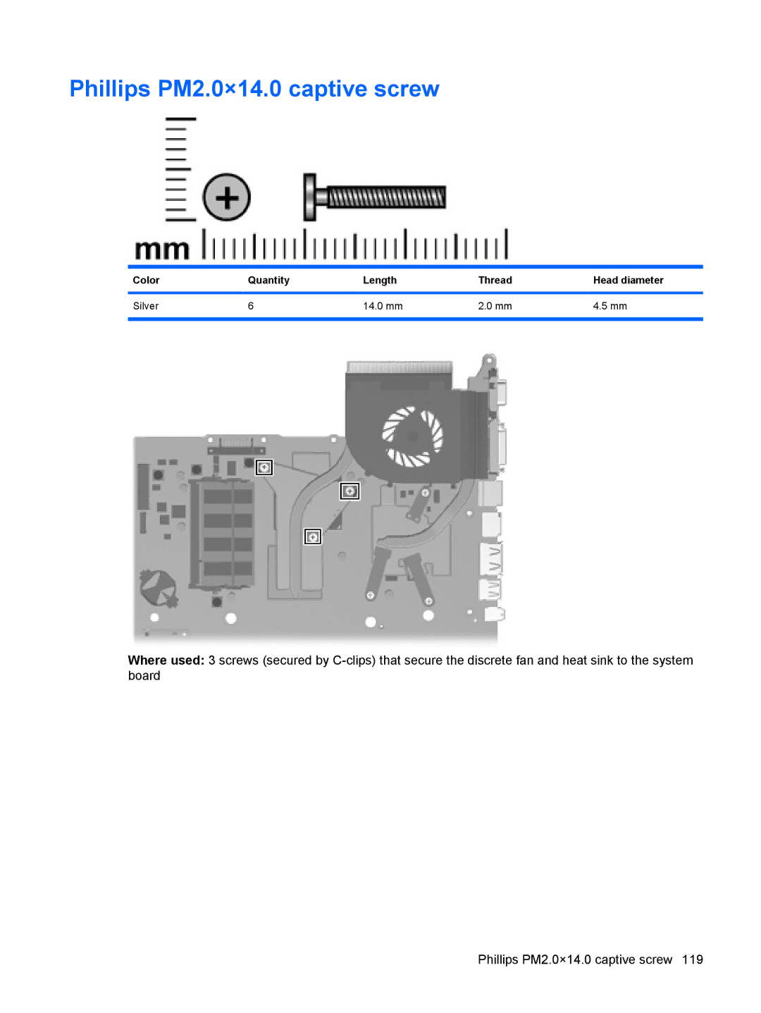 HP DV6 manual Phillips PM2.0×14.0 captive screw, Color Quantity Length Thread Head diameter Silver 14.0 mm 