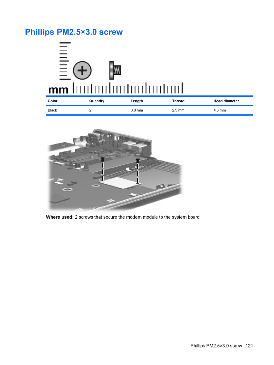 HP DV6 manual Phillips PM2.5×3.0 screw, Color Quantity Length Thread Head diameter Black 